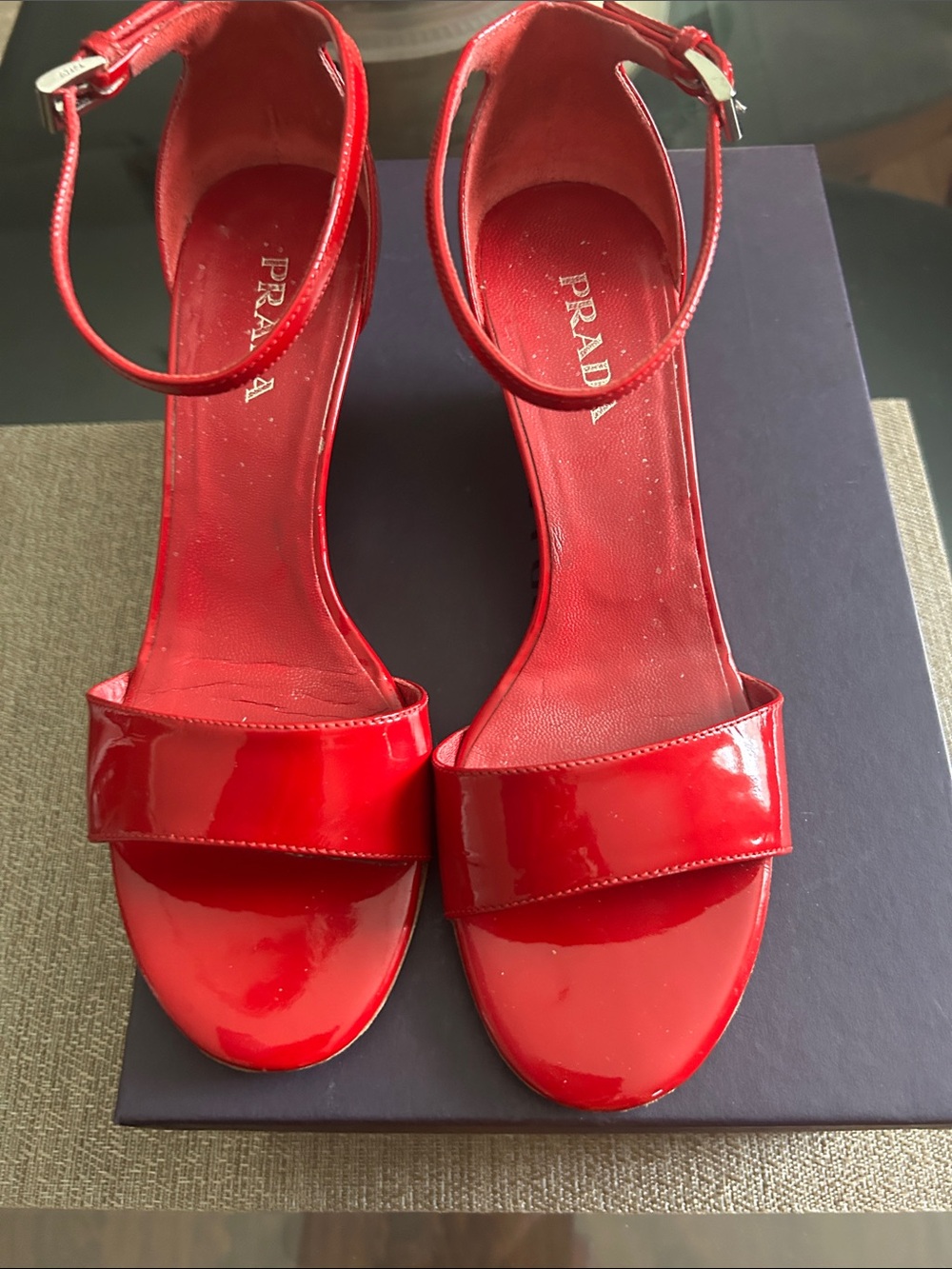 Prada Red Patent Leather Ankle-Strap Heels
